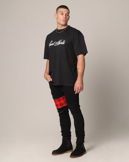 Saint Morta Sideline Distressed Jeans Black/Red Tartan