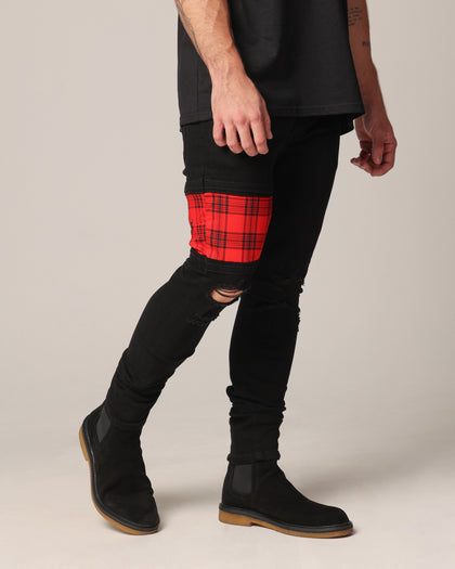 Saint Morta Sideline Distressed Jeans Black/Red Tartan