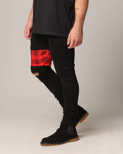 Saint Morta Sideline Distressed Jeans Black/Red Tartan