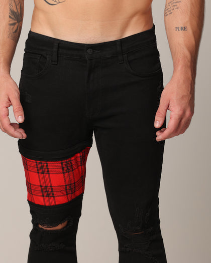 Saint Morta Sideline Distressed Jeans Black/Red Tartan