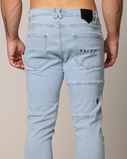 Saint Morta Men's Index Distressed Biker Jeans Light Blue