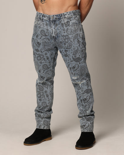 Saint Morta Paisley Skulls Jeans Stone Wash Blue