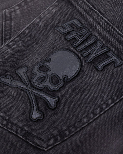 Saint Morta Skull And Bones Denim Shorts Vintage Black
