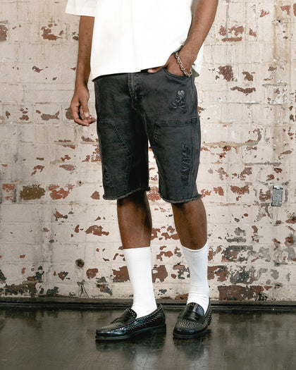 Saint Morta Skull And Bones Denim Shorts Vintage Black