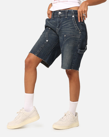 True Religion Women's Ricki Utility Shorts Dark Wash W/Destroy