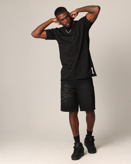 Saint Morta Half Skull Denim Shorts Washed Black