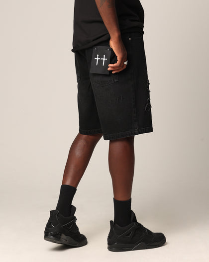 Saint Morta Half Skull Denim Shorts Washed Black
