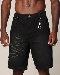 Saint Morta Half Skull Denim Shorts Washed Black