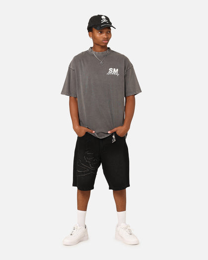 Saint Morta Half Skull Denim Shorts Washed Black