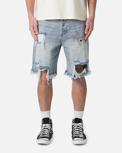 MNML Distressed Spider Denim Shorts Light Blue