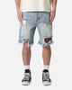 MNML Distressed Spider Denim Shorts Light Blue