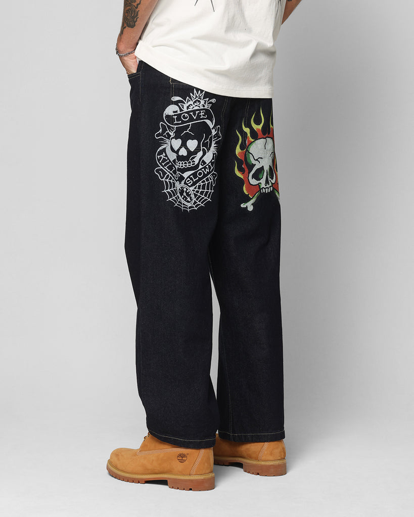 パンツ Ed Hardy 00s y2k denim grunge fade Skull Ed Hardy Wide Leg Skull Jeans Dark Indigo | Culture Kings NZ