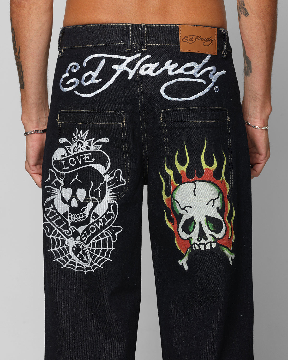 パンツ Ed Hardy 00s y2k denim grunge fade Skull Ed Hardy Wide Leg Skull Jeans Dark Indigo | Culture Kings NZ