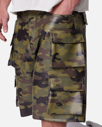 MNML Baggy Vegan Leather Cargo Shorts Camo