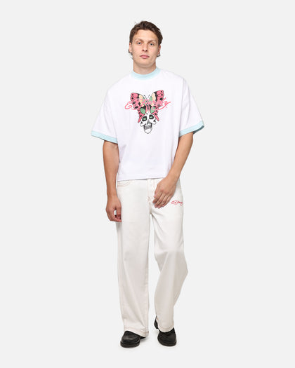 Ed Hardy Dragon Wide Leg Denim Jeans Off White