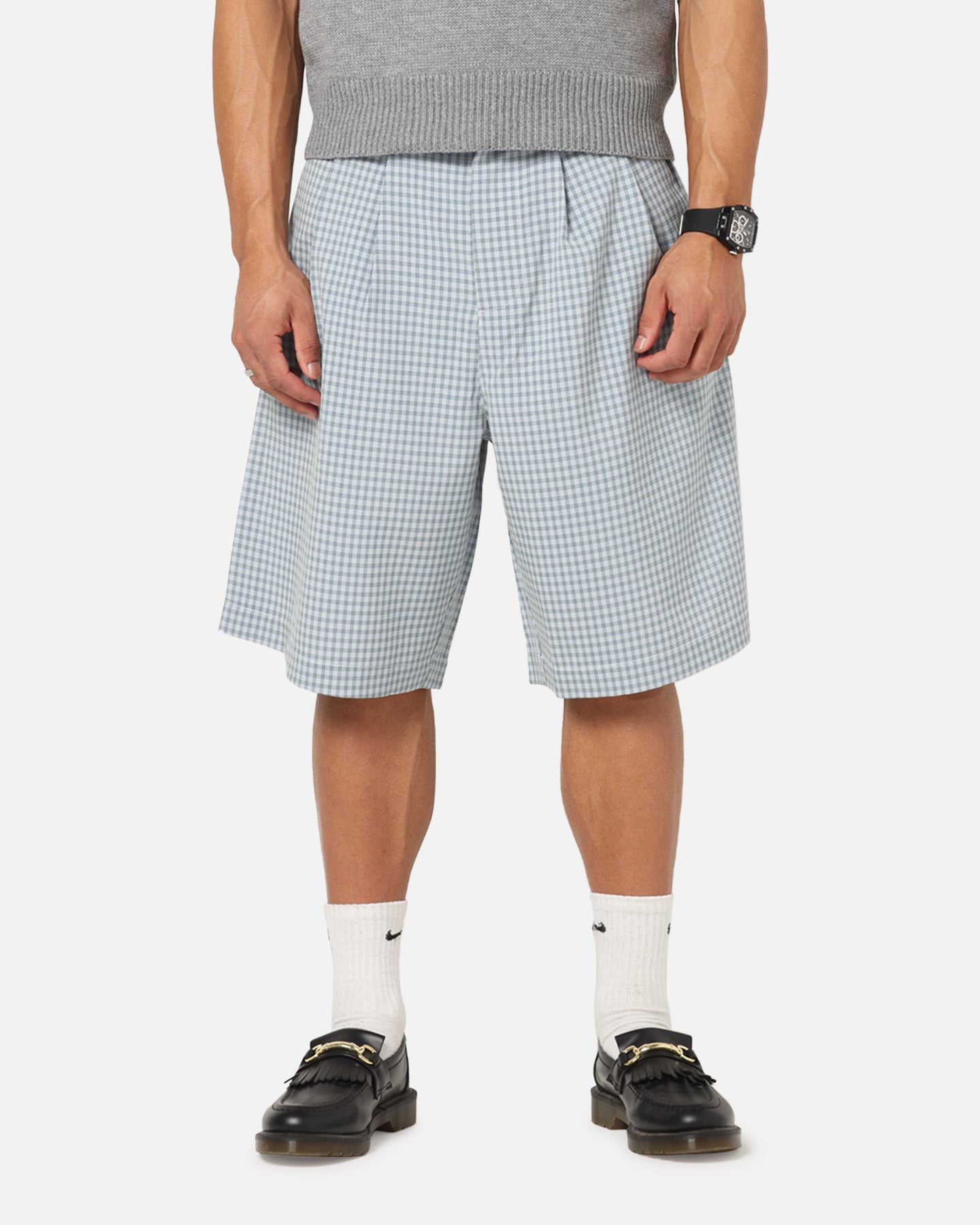 XXIII Baggy Pleated Shorts Blue Check | Culture Kings NZ