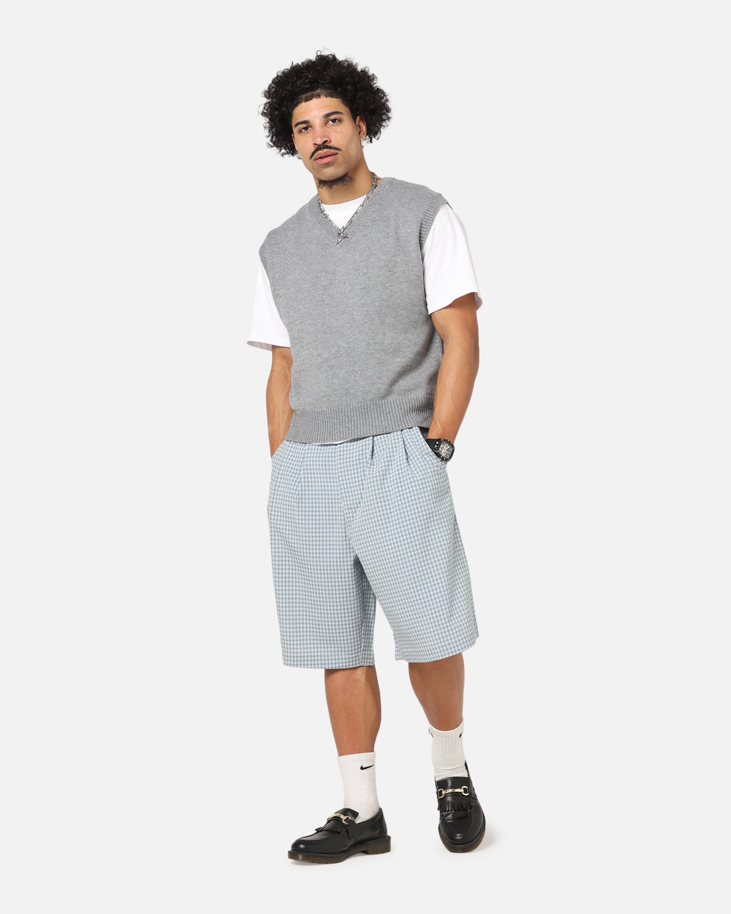 XXIII Baggy Pleated Shorts Blue Check | Culture Kings NZ