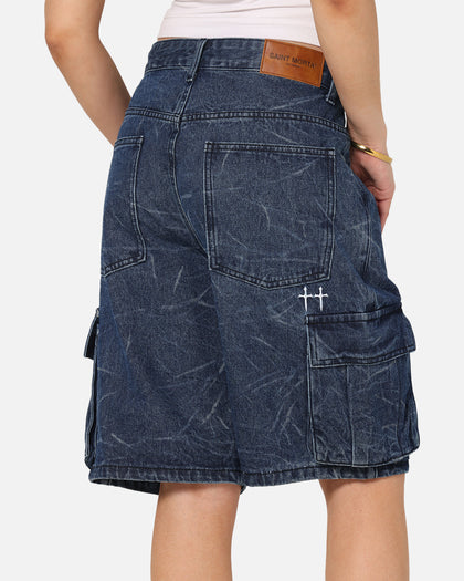 Saint Morta Denim Cargo Shorts Crinkle Stonewash