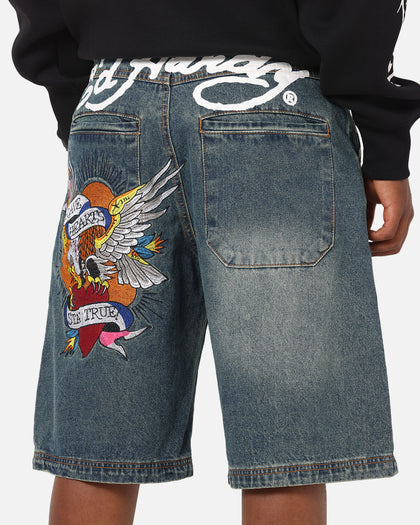 Ed Hardy Brave Hearts Jorts Washed Indigo