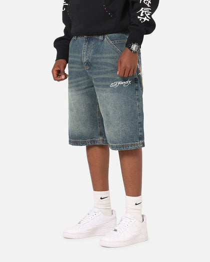 Ed Hardy Brave Hearts Jorts Washed Indigo