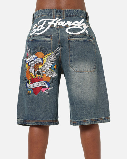 Ed Hardy Brave Hearts Jorts Washed Indigo