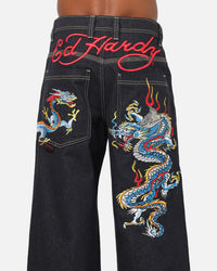 Ed Hardy Dragon Ultra Wide Leg Jeans Indigo Denim