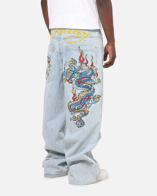 Ed Hardy Dragon Ultra Wide Leg Jeans Light Wash Blue