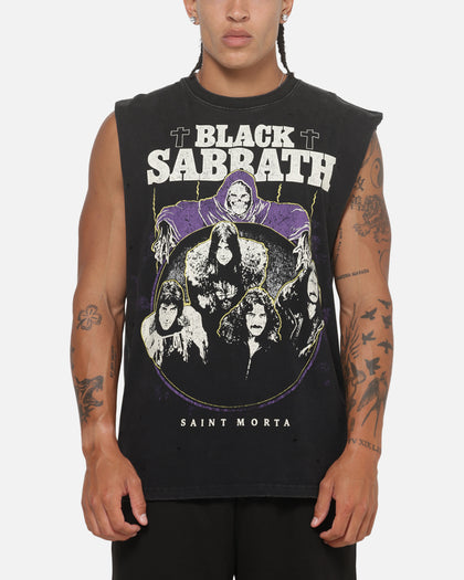 Saint Morta X Black Sabbath Cross Oversized Muscle Tee Washed Black