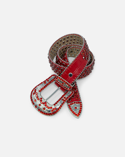 MNML All Over Rhinestone Studded Belt Red