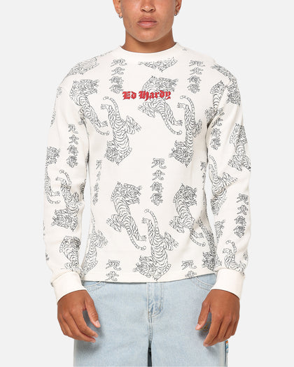 Ed Hardy Tiger Waffle Long Sleeve T-Shirt Off White