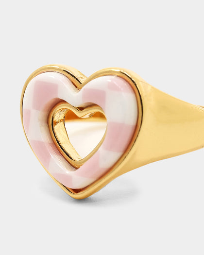 Raising Hell Checkered Heart Ring Gold/Pink
