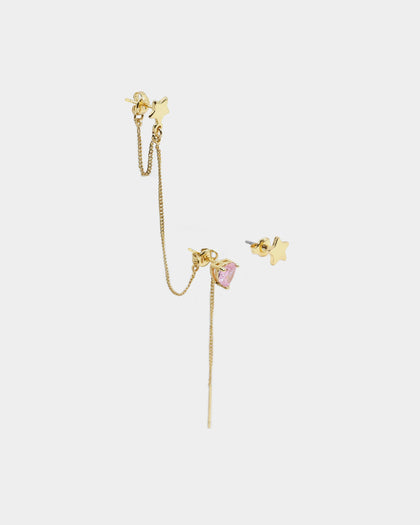 Raising Hell Women's Starry Heart Earrings Chain Gold/Pink