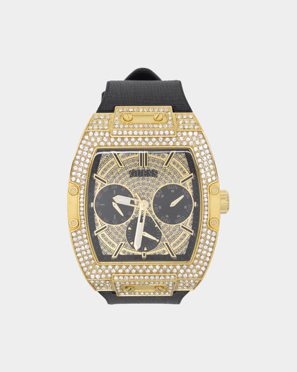 Guess Mainline Phoenix Gold Tone and Black Genuine Leather Flex Watch Gold