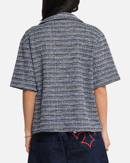 XXIII Boucle Tweed Crop Button Up Shirt Black/White/Blue