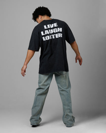 Loiter Live Laugh Love Drop T-Shirt Black Acidwash