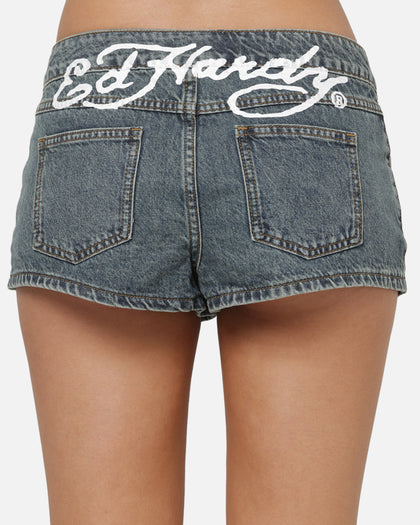 Ed Hardy Women's Signature Mini Shorts Mid Blue
