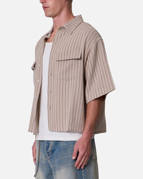 MNML Cropped Boxy Stripe Button Up Shirt Khaki