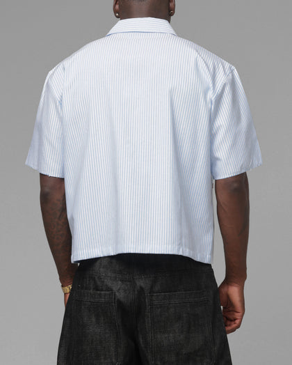 Loiter Rider Distressed Button Up Shirt Blue/White Stripe