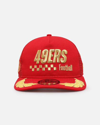 New Era San Francisco 49ers 'Podium Collection' Pre-Curved Golfer Trucker Snapback Scarlet/Metallic Gold