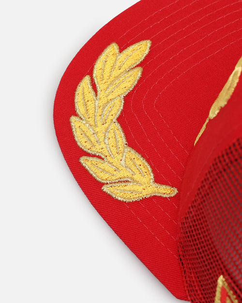 New Era San Francisco 49ers 'Podium Collection' Pre-Curved Golfer Trucker Snapback Scarlet/Metallic Gold