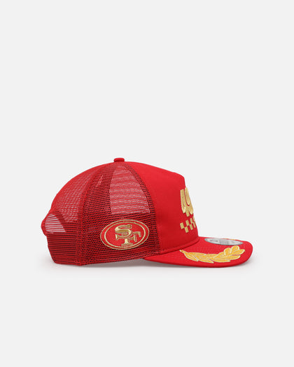 New Era San Francisco 49ers 'Podium Collection' Pre-Curved Golfer Trucker Snapback Scarlet/Metallic Gold