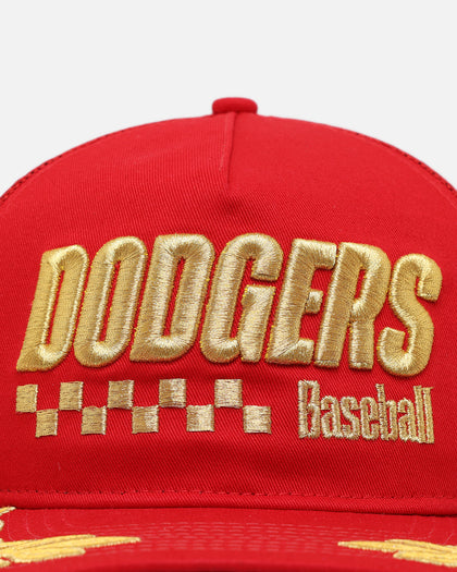 New Era Los Angeles Dodgers 'Podium Collection' Pre-Curved Golfer Trucker Snapback Scarlet/Metallic Gold
