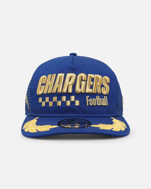 New Era Los Angeles Chargers 'Podium Collection' Pre-Curved Golfer Trucker Snapback Light Royal/Metallic Gold