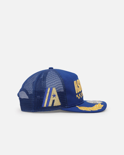 New Era Houston Astros 'Podium Collection' Pre-Curved Golfer Trucker Snapback Light Royal/Metallic Gold