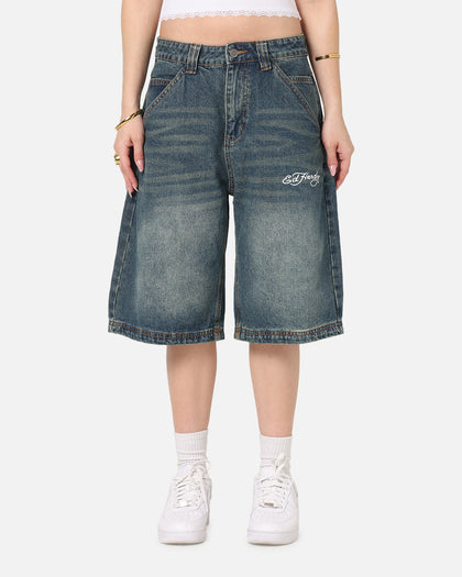 Ed Hardy Brave Hearts Jorts Washed Indigo