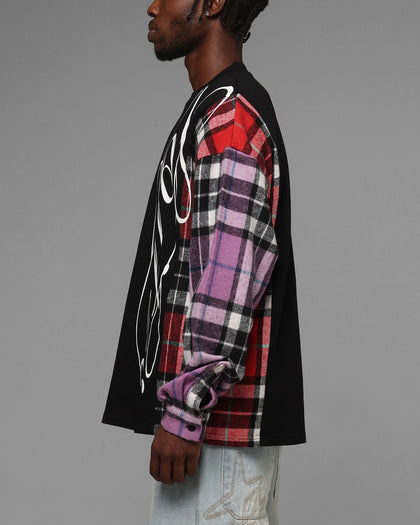 Loiter Script Flannel Long Sleeve T-Shirt Black