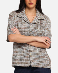 XXIII Boucle Tweed Crop Button Up Shirt Cream/Brown