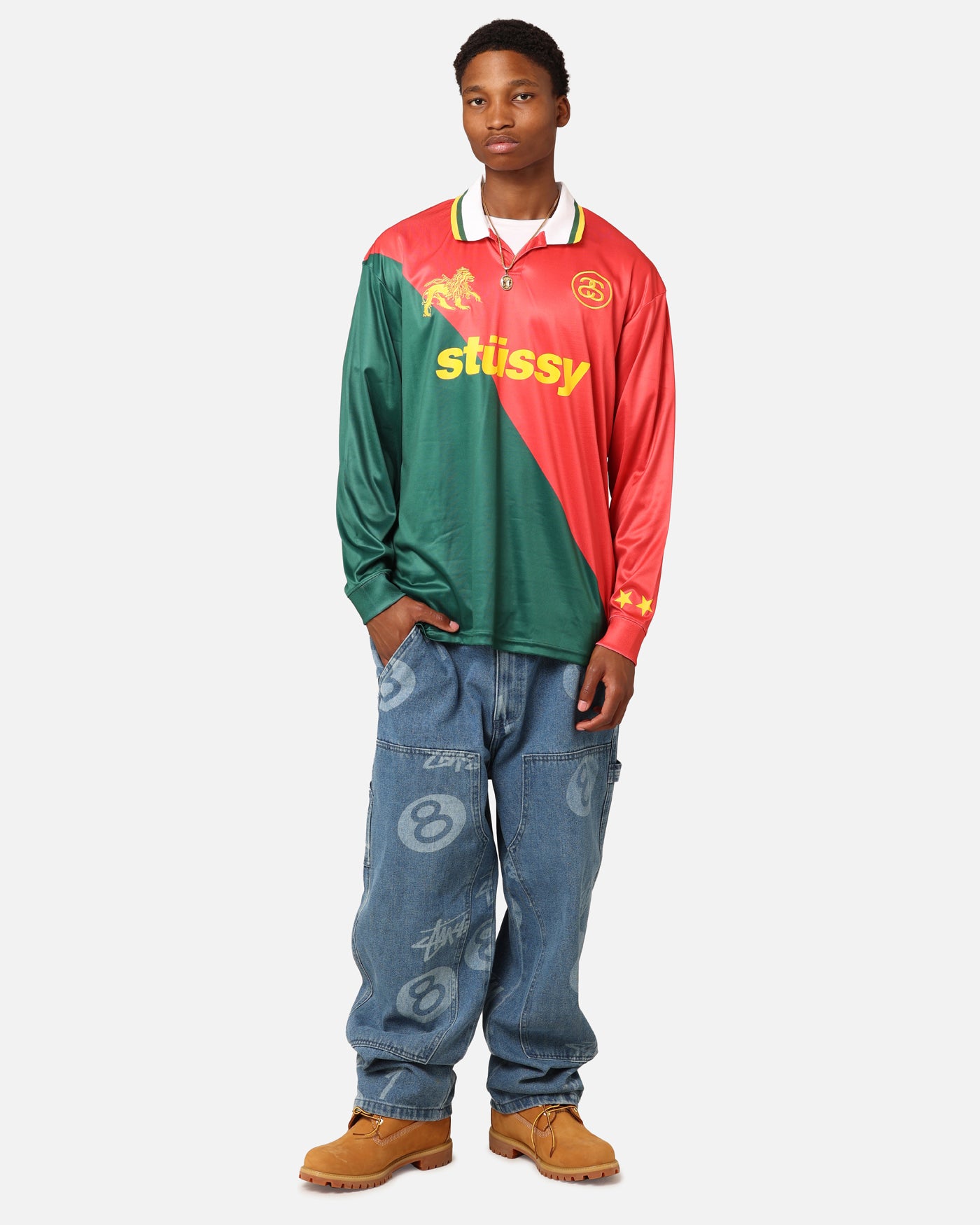 トップス Stussy Football POLO Long Sleeve T-Shirt Stüssy Football Polo Long Sleeve T-Shirt Red/Green | Culture Kings NZ
