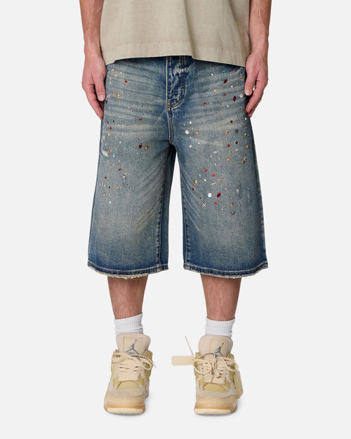MNML Ultra Baggy Crystal Denim Shorts Blue