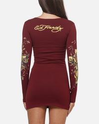Ed Hardy Women's Divine Long Sleeve Dress Burgundy
